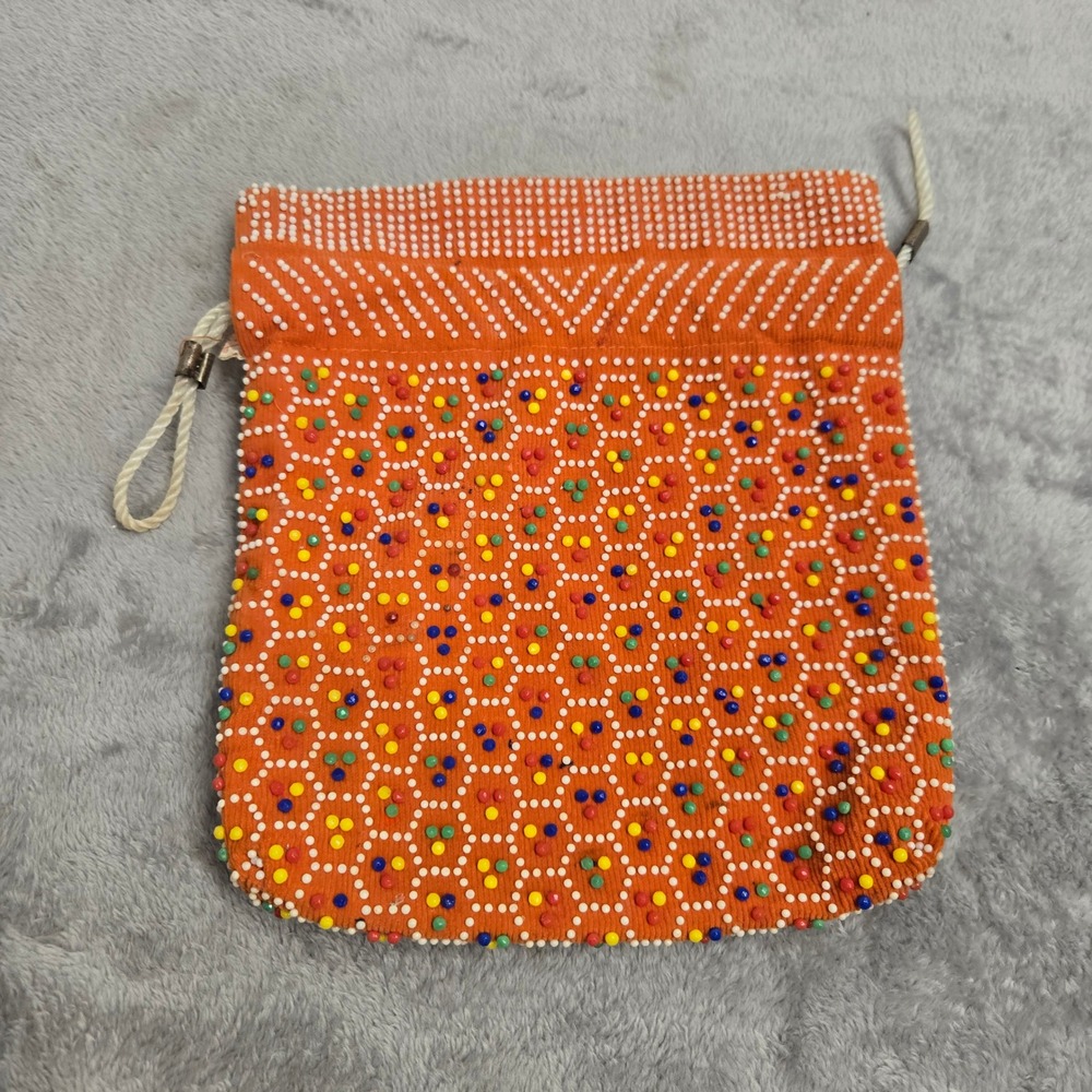 Vintage 70s Orange Beaded Drawstring Pouch Bag Colorful Honeycomb Pattern